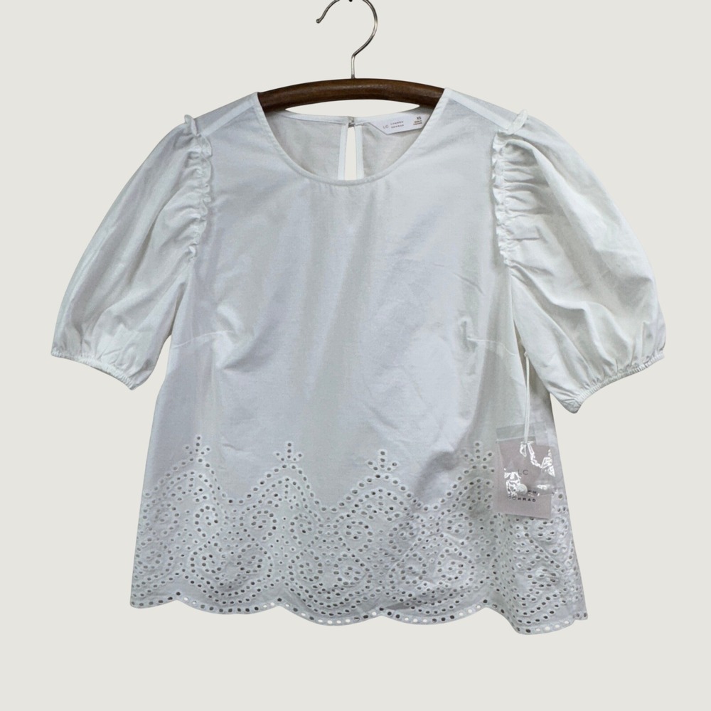 LC Lauren Conrad Eyelet Puff Sleeve Top Womens XS White Boho Cottagecore Blouse